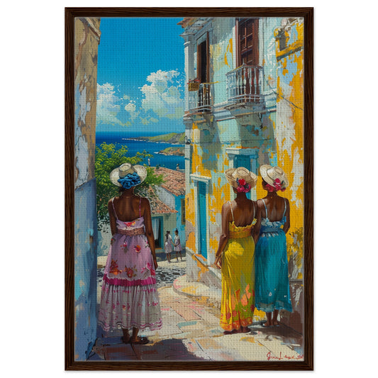 Curacao sunlit promenade overlooking sea framed canvas, three women in bright dresses facing turquoise water