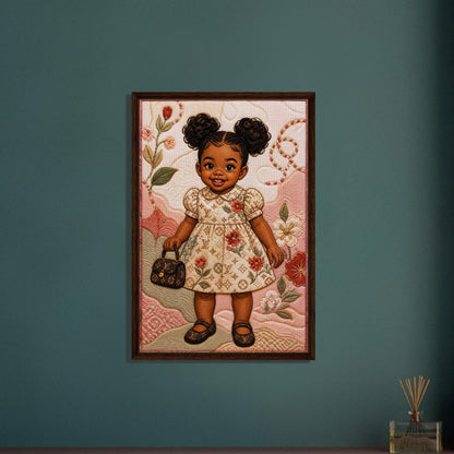 Little Luxe Black Girl Framed Canvas Quilted-Style Textile-Inspired