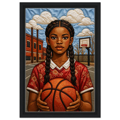 Museum-quality matte poster of quilt-inspired Black girl basketball