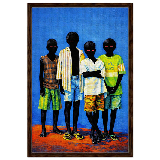Pop-surreal framed canvas: four who view, black silhouettes with neon eye bars on electric blue.