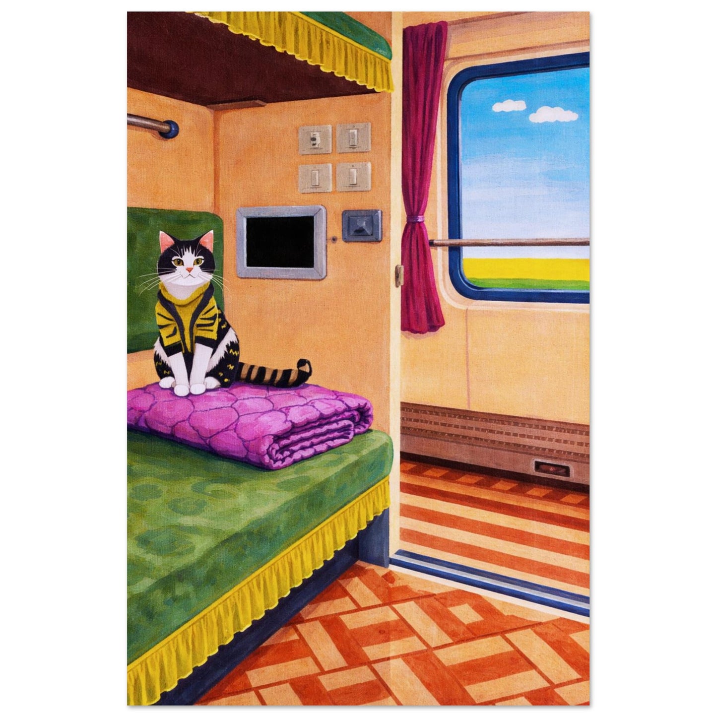 Cat on Train Matte Paper Poster Pop-Art - Mid-Century Travel