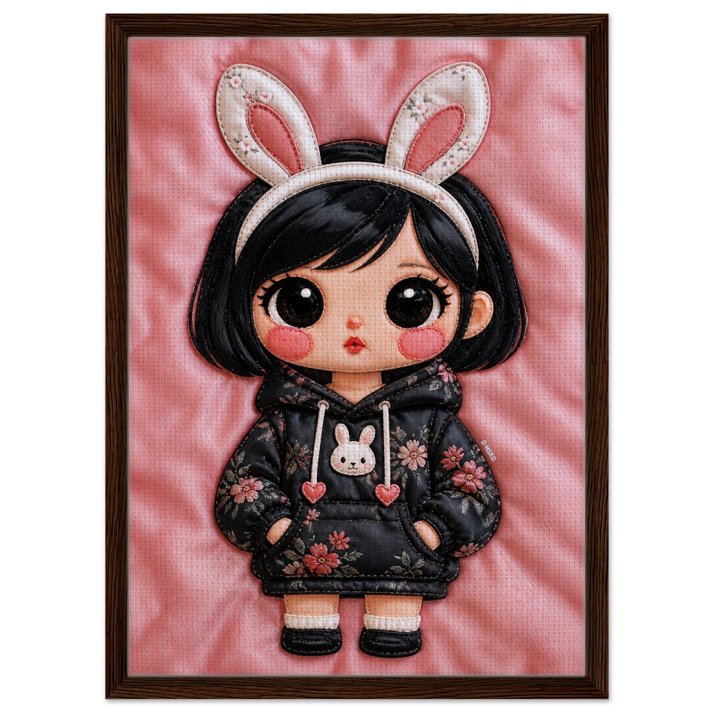 Bunny Bloom Kawaii Quilted-Style Framed Canvas