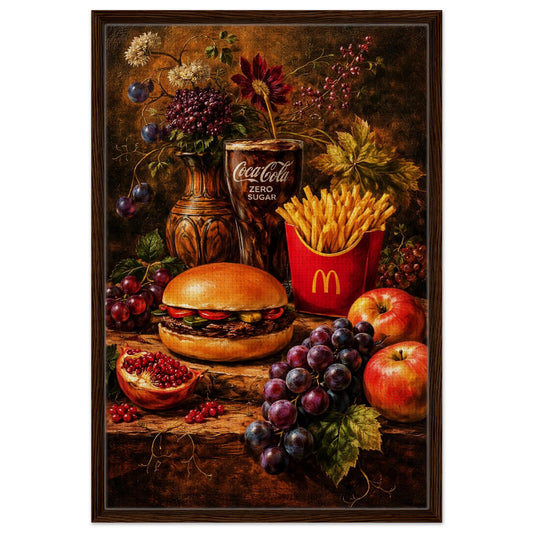 Baroque still life framed canvas with fruit, flowers, and pop fast-food icons in chiaroscuro, warm brown wood-look frame